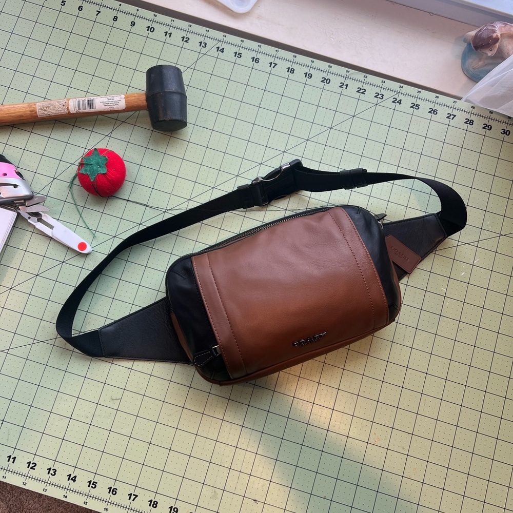 Coach Brown and Black Belt Bag with Polished Leather Finish